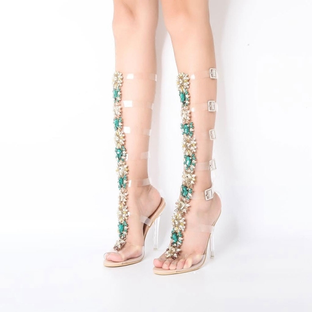Wysokie obcasy buty sandały Gladiator kolorowe kryształowe sandały na lato z klamrą w stylu boho Plus Size 43 - Wianko - 19