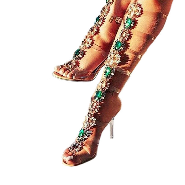 Wysokie obcasy buty sandały Gladiator kolorowe kryształowe sandały na lato z klamrą w stylu boho Plus Size 43 - Wianko - 15