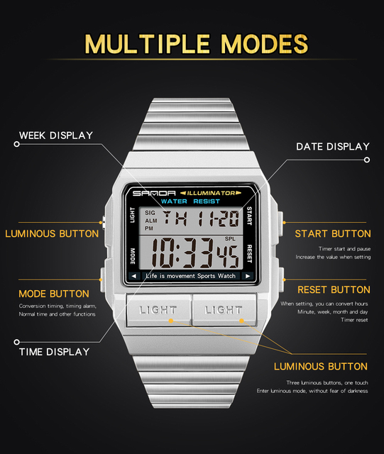 Wodoodporny zegarek męski LED cyfrowy z budzikiem, marka luksusowa - Wianko - 14