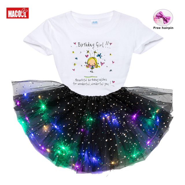 Letnie zestawy ubrań dla dziewczynek 2021: LED-owe T-shirt, sukienka i szpilka (3 sztuki) - Wianko - 7