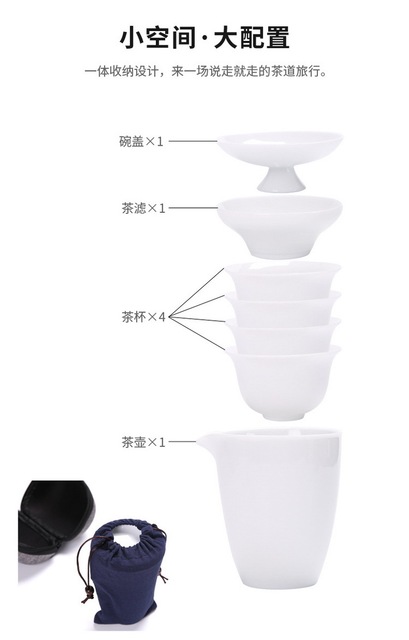 Podróżny zestaw do herbaty Kung Fu z białej porcelany Dehua w torbie z miską, szklanymi czajnikami, filiżankami, gaiwanem i sitkiem - Wianko - 3