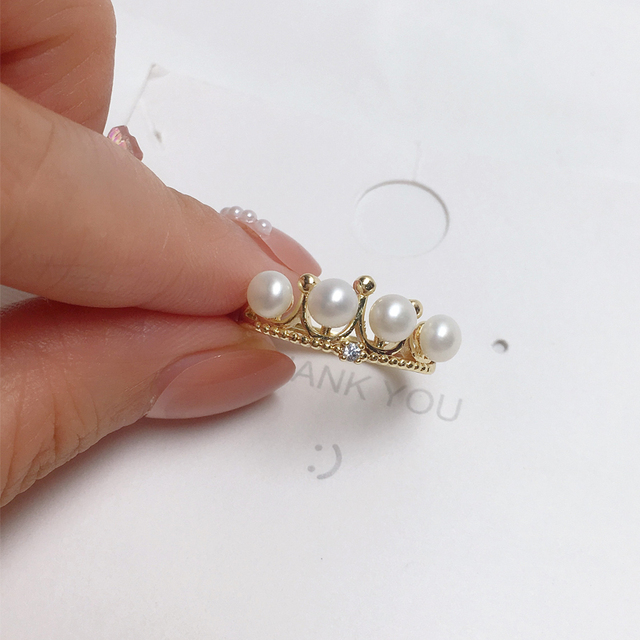 Pierścionek z perłą New Vintage Design 14K złota - korona, wiele prawdziwych naturalnych pereł, pierścionek zaręczynowy dla kobiet, biżuteria - Wianko - 4