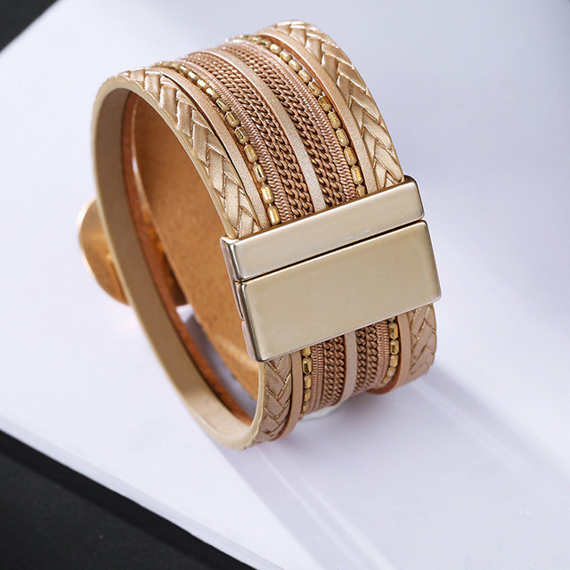 Modne okrągłe metalowe bransoletki urok dla eleganckich kobiet - złoty kolor, szeroka skórzana bransoletka i damska biżuteria - Wianko - 31