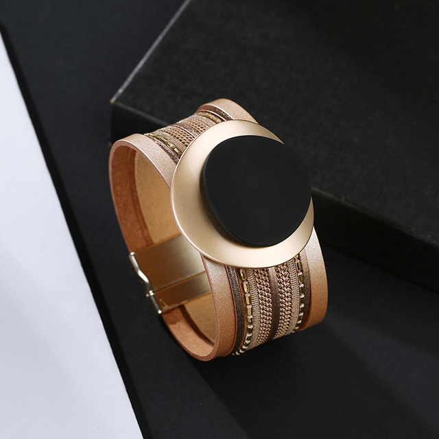 Modne okrągłe metalowe bransoletki urok dla eleganckich kobiet - złoty kolor, szeroka skórzana bransoletka i damska biżuteria - Wianko - 42
