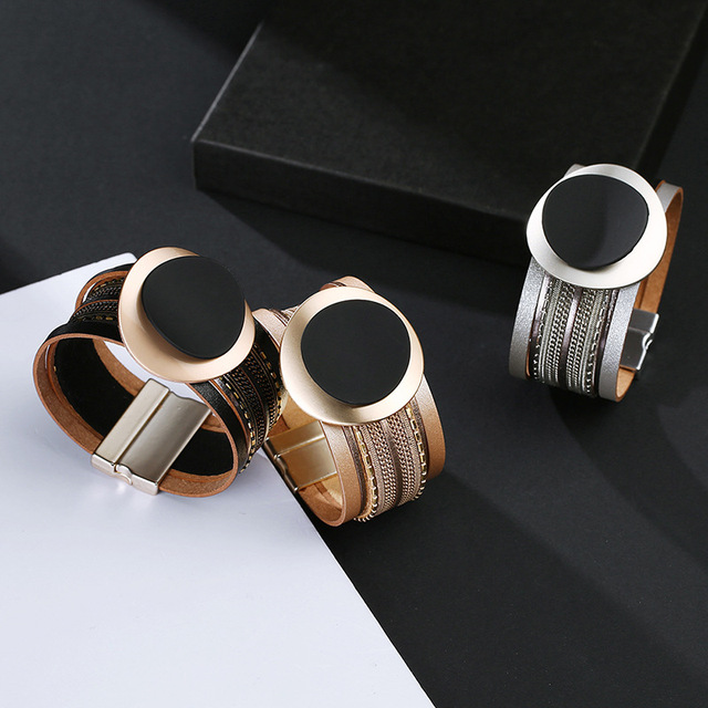 Modne okrągłe metalowe bransoletki urok dla eleganckich kobiet - złoty kolor, szeroka skórzana bransoletka i damska biżuteria - Wianko - 39