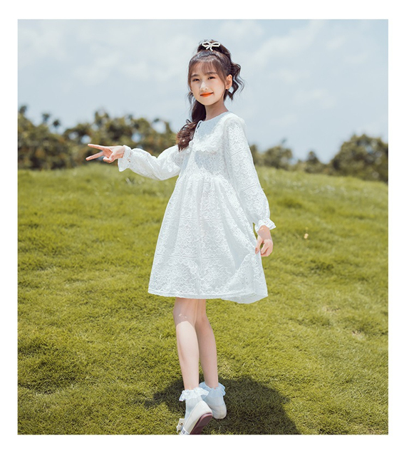 Elegancka wiosenno-jesienna sukienka dla dziewczynek z długim rękawem - biała koronkowa sukienka dla księżniczki - Wianko - 4