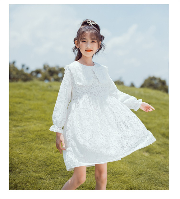 Elegancka wiosenno-jesienna sukienka dla dziewczynek z długim rękawem - biała koronkowa sukienka dla księżniczki - Wianko - 1