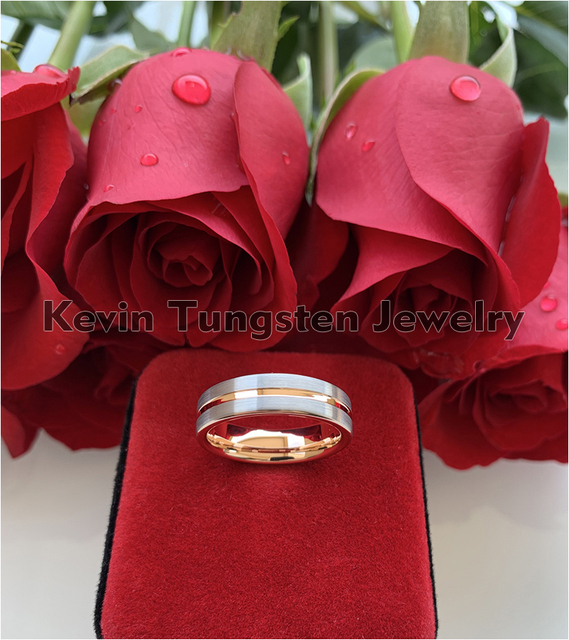 Różowe złoto mężczyźni kobiety 6MM pierścień obrączka wolframowa ze szczotkowanym wykończeniem i środkowym rowkiem - Comfort Fit - Wianko - 4