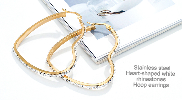 Kolczyki koła ze stali nierdzewnej w kształcie serca złote białe rhinestone damska biżuteria - Wianko - 1