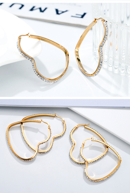 Kolczyki koła ze stali nierdzewnej w kształcie serca złote białe rhinestone damska biżuteria - Wianko - 5