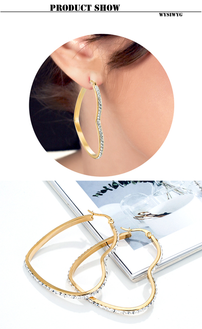 Kolczyki koła ze stali nierdzewnej w kształcie serca złote białe rhinestone damska biżuteria - Wianko - 3