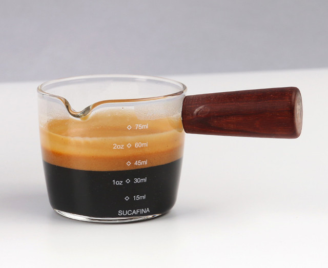 Kubek do espresso z drewnianym uchwytem, miarką i skalą 75ml - wysokiej jakości szkło borokrzemowe do domowej kawiarni - Wianko - 5