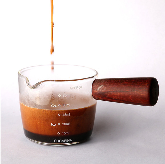 Kubek do espresso z drewnianym uchwytem, miarką i skalą 75ml - wysokiej jakości szkło borokrzemowe do domowej kawiarni - Wianko - 2
