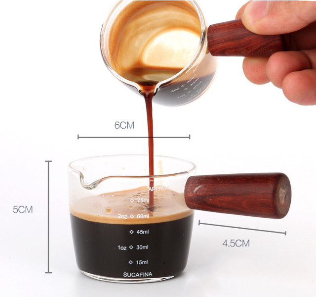 Kubek do espresso z drewnianym uchwytem, miarką i skalą 75ml - wysokiej jakości szkło borokrzemowe do domowej kawiarni - Wianko - 1