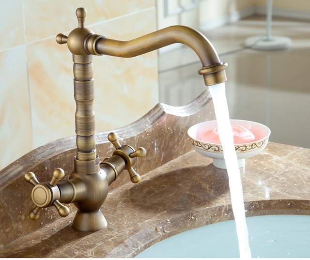 Kran umywalkowy z dwoma uchwytami do łazienki w stylu retro, wykonany z mosiądzu, obrotowy o 360 stopni - BOCHSBC - Wianko - 2