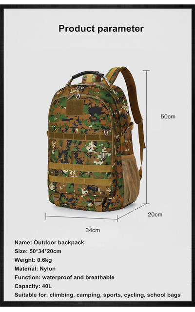 Plecak wspinaczkowy torba taktyczna 40L z gniazdami USB, wodoodporny - podróże, turystyka, kemping - Wianko - 3