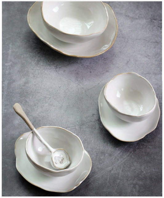 Nordic ceramiczny zestaw stołowy: nieregularna miska do ryżu, talerz sałatkowy, przyprawowy talerz, płaski talerz - dom i hotel - Wianko - 2