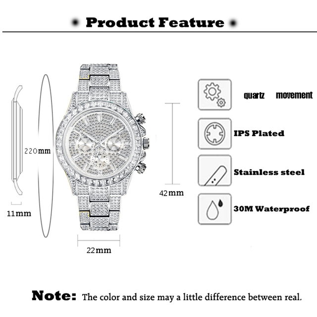 Zegarek męski Hip Hop diamentowy, srebrny, wodoodporny, chronograf, stal nierdzewna, kwarcowy - Wianko - 5