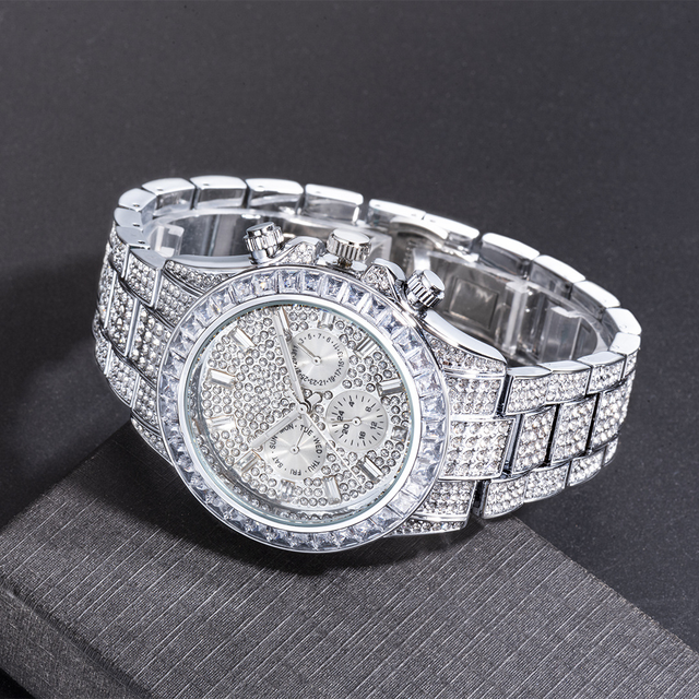 Zegarek męski Hip Hop diamentowy, srebrny, wodoodporny, chronograf, stal nierdzewna, kwarcowy - Wianko - 16