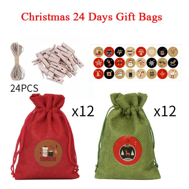 Zestaw boże narodzenie: 24 dni kalendarz adwentowy, torby na prezenty, naklejki papierowe, ozdoby z klipsami - Wianko - 1