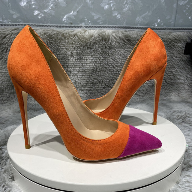 Pomarańczowe damskie buty na słupku z obcasem 12cm, 10cm, 8cm i szpiczastym nosem - duże rozmiary - eleganckie czółenka RM022 - Wianko - 6