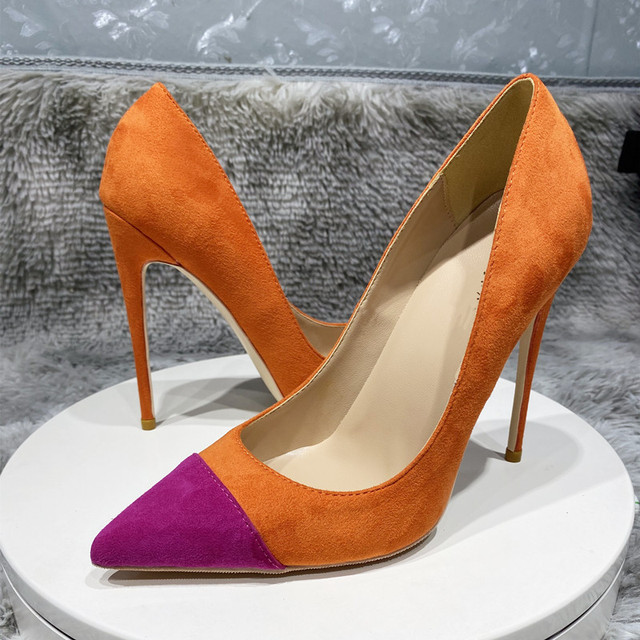 Pomarańczowe damskie buty na słupku z obcasem 12cm, 10cm, 8cm i szpiczastym nosem - duże rozmiary - eleganckie czółenka RM022 - Wianko - 9