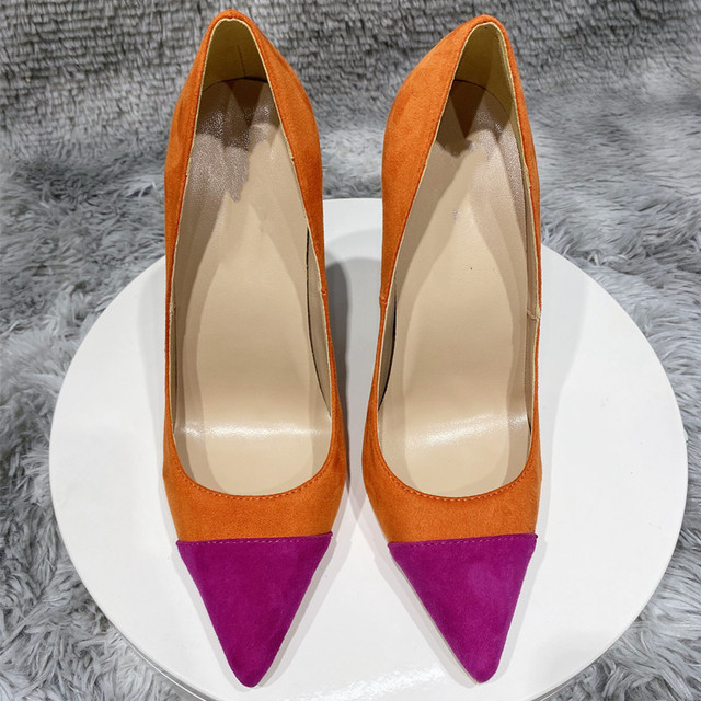 Pomarańczowe damskie buty na słupku z obcasem 12cm, 10cm, 8cm i szpiczastym nosem - duże rozmiary - eleganckie czółenka RM022 - Wianko - 8