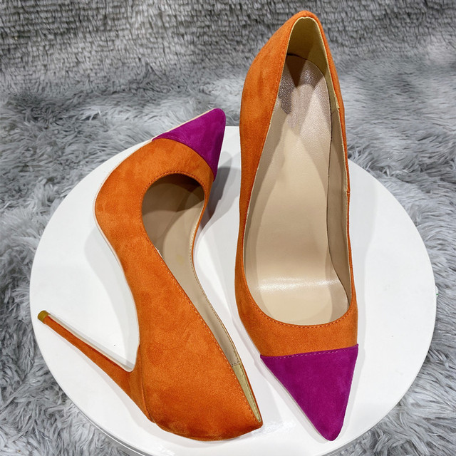 Pomarańczowe damskie buty na słupku z obcasem 12cm, 10cm, 8cm i szpiczastym nosem - duże rozmiary - eleganckie czółenka RM022 - Wianko - 3
