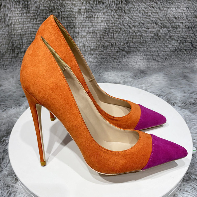Pomarańczowe damskie buty na słupku z obcasem 12cm, 10cm, 8cm i szpiczastym nosem - duże rozmiary - eleganckie czółenka RM022 - Wianko - 2