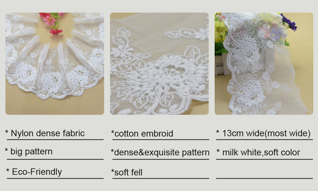 Bawełniana koronkowa tkanina wstążka francuska gipiura #3392 - 3 jardy 13cm, biała, haftowana, do wykończenia, diy, osnowy, knitting, akcesoria do szycia - Wianko - 1