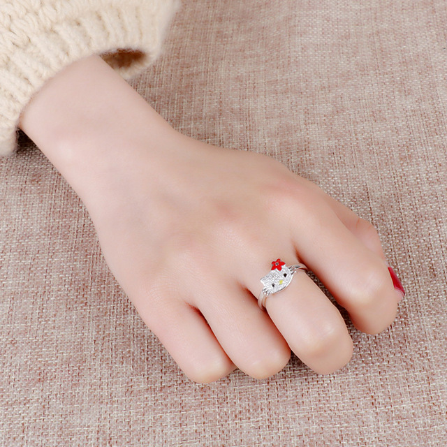 Nowy pierścień biżuteryjny Hello Kitty, pokryty platyną z regulowanym otwarciem - prezent zaręczynowy, prezent świąteczny - Wianko - 1
