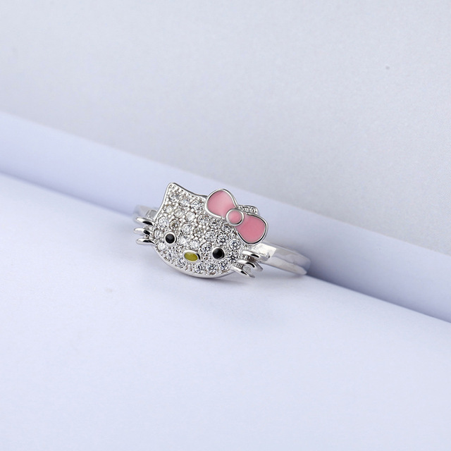 Nowy pierścień biżuteryjny Hello Kitty, pokryty platyną z regulowanym otwarciem - prezent zaręczynowy, prezent świąteczny - Wianko - 6