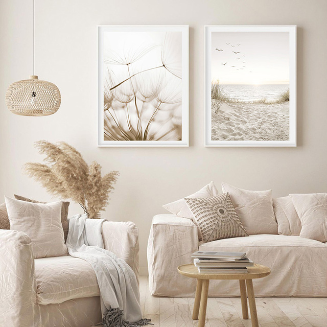 Plakat ze zdrukowanym obrazem plaży o zachodzie słońca, dmuchawcem i krajobrazem skandynawskim na płótnie - dekoracyjne ozdoby na ścianę - Wianko - 6