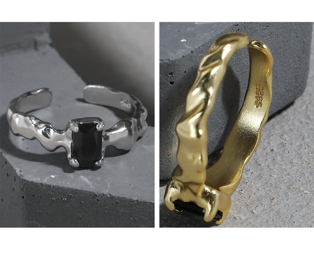 Prosty pierścień ze srebra 925 z czarnymi cyrkoniami w kształcie prostokąta, damski, 2021 - Wianko - 5