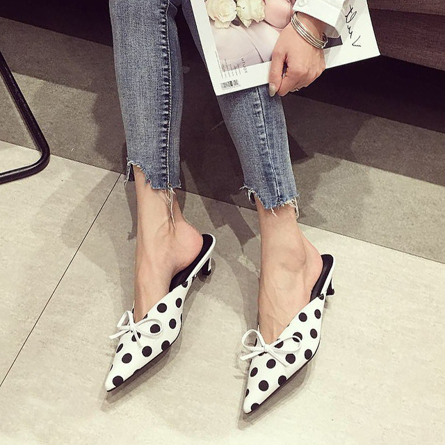 Aneikeh Fashion Damskie Buty na Słupku z Płaskim Nosem i Motylowym Węzłem - Wiosna/Jesień w Stylu Polka Dot - Wianko - 6