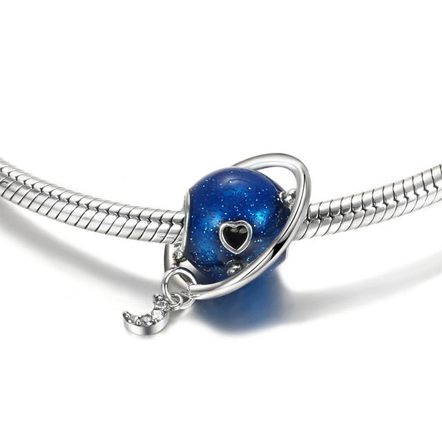 Wisiorek z niebieską astralną glazurowaną planetą CZ i księżycem do DIY, kompatybilny z oryginalną bransoletką Pandora Charms - biżuteria wykonana z koralików, serce statku kosmicznego - Wianko - 7