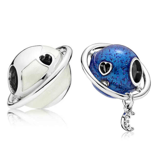 Wisiorek z niebieską astralną glazurowaną planetą CZ i księżycem do DIY, kompatybilny z oryginalną bransoletką Pandora Charms - biżuteria wykonana z koralików, serce statku kosmicznego - Wianko - 1