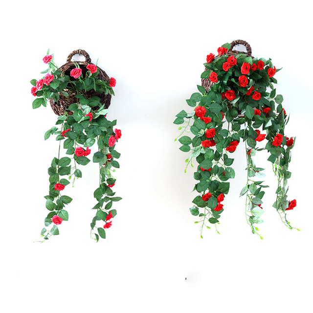 Kosz ścienny z 2 sztukami sztucznych róż winorośli, dekoracje na Boże Narodzenie i ślub z liśćmi z jedwabiu i rattanu - jesienne dekoracje ogrodowe - Wianko - 3
