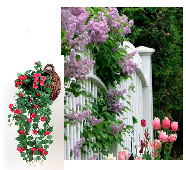 Kosz ścienny z 2 sztukami sztucznych róż winorośli, dekoracje na Boże Narodzenie i ślub z liśćmi z jedwabiu i rattanu - jesienne dekoracje ogrodowe - Wianko - 6
