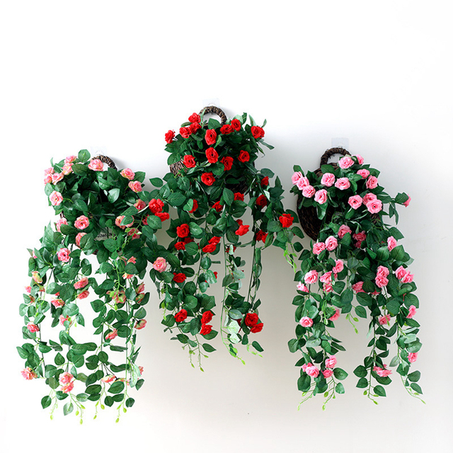 Kosz ścienny z 2 sztukami sztucznych róż winorośli, dekoracje na Boże Narodzenie i ślub z liśćmi z jedwabiu i rattanu - jesienne dekoracje ogrodowe - Wianko - 9