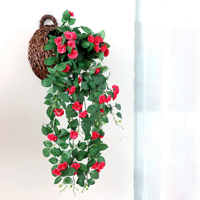 Kosz ścienny z 2 sztukami sztucznych róż winorośli, dekoracje na Boże Narodzenie i ślub z liśćmi z jedwabiu i rattanu - jesienne dekoracje ogrodowe - Wianko - 10