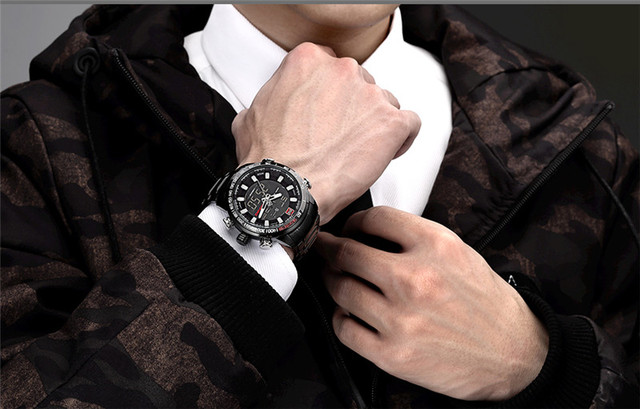NAVIFORCE Męski zegarek sportowy LED analogowo-cyfrowy, stalowy pasek, kwarcowy mechanizm, Relogio Masculino 9093 - Wianko - 9