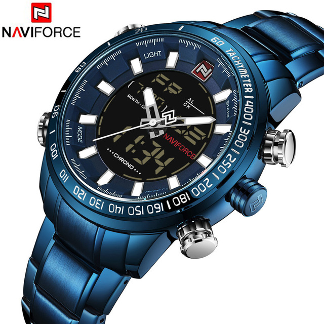NAVIFORCE Męski zegarek sportowy LED analogowo-cyfrowy, stalowy pasek, kwarcowy mechanizm, Relogio Masculino 9093 - Wianko - 18