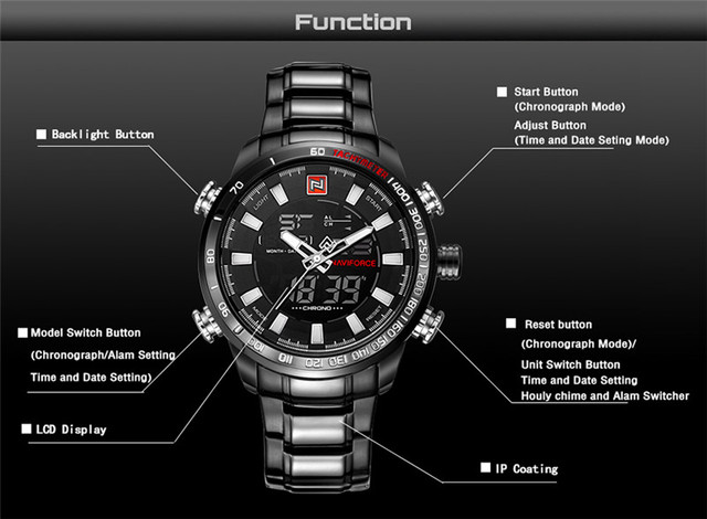 NAVIFORCE Męski zegarek sportowy LED analogowo-cyfrowy, stalowy pasek, kwarcowy mechanizm, Relogio Masculino 9093 - Wianko - 3