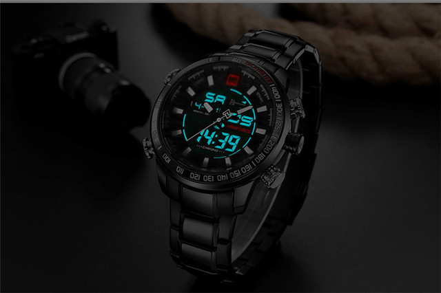 NAVIFORCE Męski zegarek sportowy LED analogowo-cyfrowy, stalowy pasek, kwarcowy mechanizm, Relogio Masculino 9093 - Wianko - 8