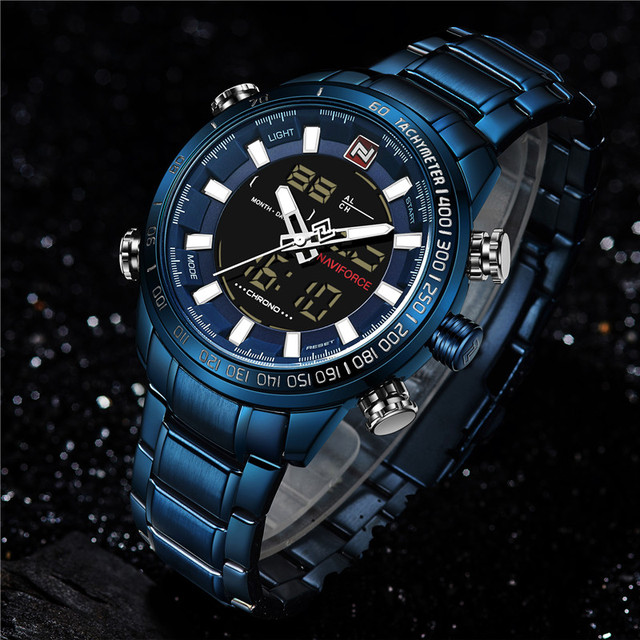 NAVIFORCE Męski zegarek sportowy LED analogowo-cyfrowy, stalowy pasek, kwarcowy mechanizm, Relogio Masculino 9093 - Wianko - 20