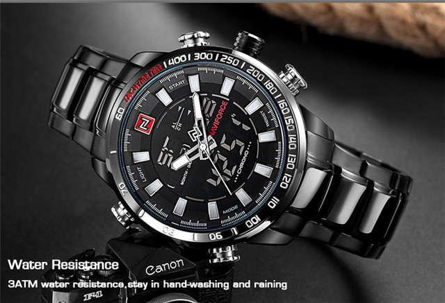 NAVIFORCE Męski zegarek sportowy LED analogowo-cyfrowy, stalowy pasek, kwarcowy mechanizm, Relogio Masculino 9093 - Wianko - 7