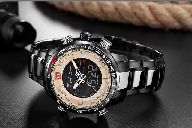 NAVIFORCE Męski zegarek sportowy LED analogowo-cyfrowy, stalowy pasek, kwarcowy mechanizm, Relogio Masculino 9093 - Wianko - 14