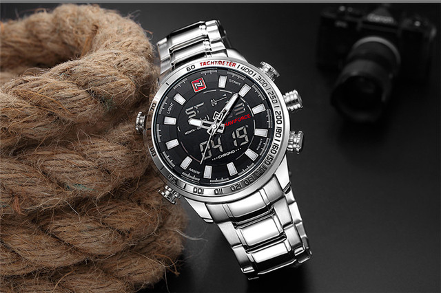 NAVIFORCE Męski zegarek sportowy LED analogowo-cyfrowy, stalowy pasek, kwarcowy mechanizm, Relogio Masculino 9093 - Wianko - 17