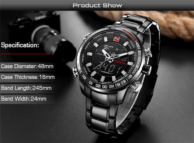 NAVIFORCE Męski zegarek sportowy LED analogowo-cyfrowy, stalowy pasek, kwarcowy mechanizm, Relogio Masculino 9093 - Wianko - 5